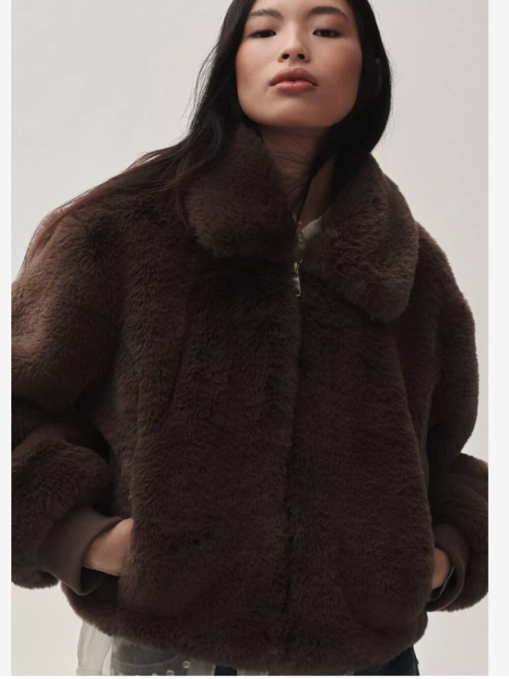 Maeve Cropped Faux-Fur Coat in Brown Size Medium
